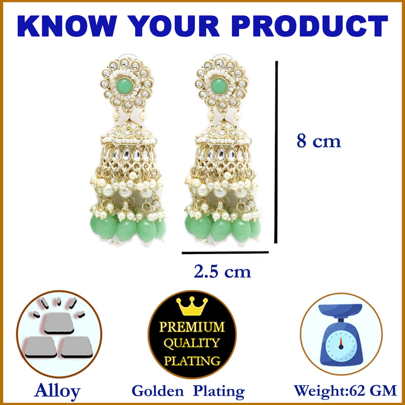 Gold-Plated Sea Green Kundan & White Pearls studded Dome Shaped Vilandi Jhumka Earrings