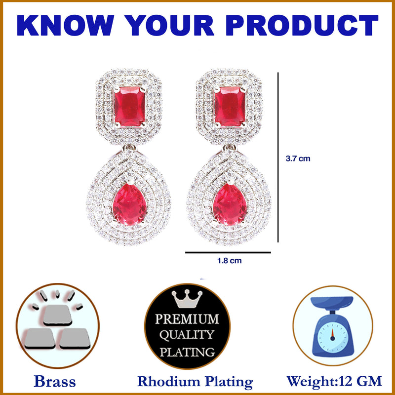 Rhodium-Plated Red & White American Diamond studded Square & Teardrop Shaped Drop Earrings