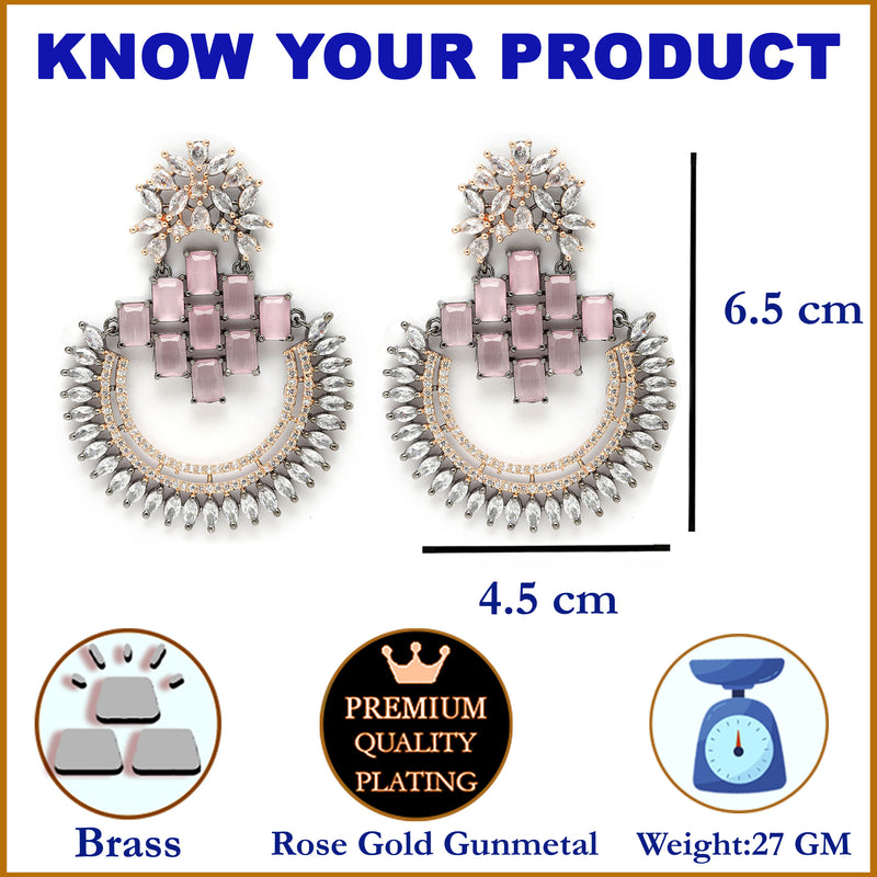 Rose Gold-Plated Gunmetal Toned American Diamond Studded Circular Chandbali Earrings