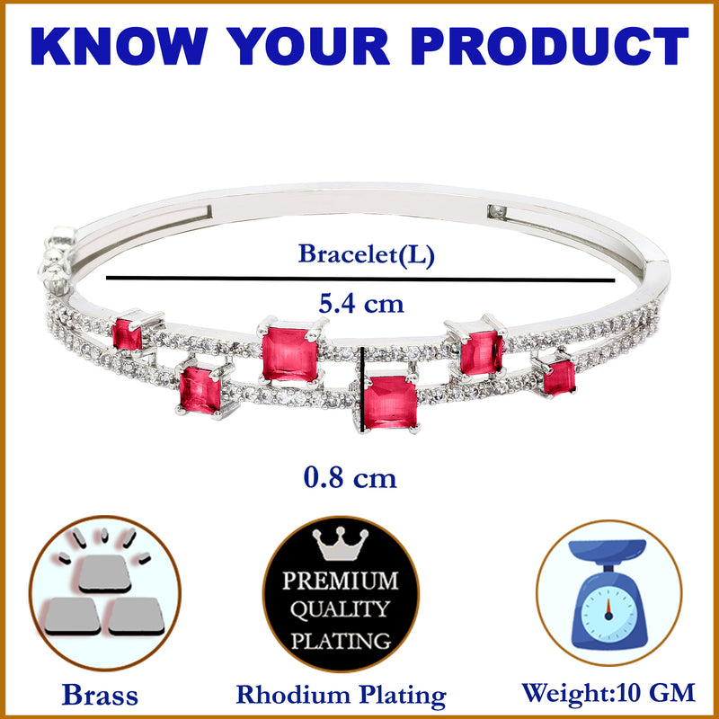 Rhodium-Plated Silver Toned Square Red American Diamond Studded Bracelet