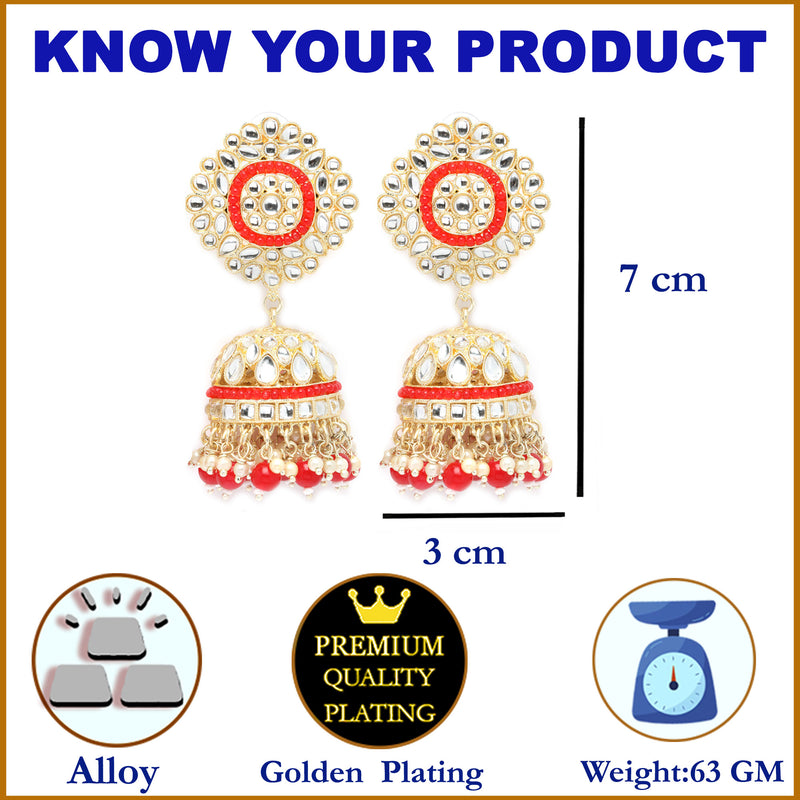 Gold-Plated Red & White Kundan-Pearls studded Vilandi Jhumka Earrings
