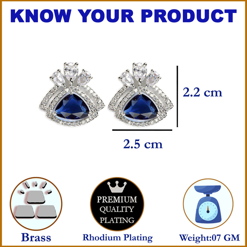 Navy Blue American Diamond Triangular Shaped Rhodium-Plated with Silver-Tone Studs Earrings