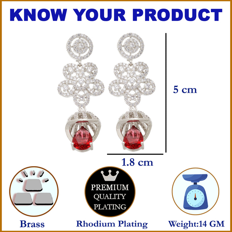 Rhodium-Plated Red American Diamond studded Dome & Teardrop Shaped Jhumka Earrings