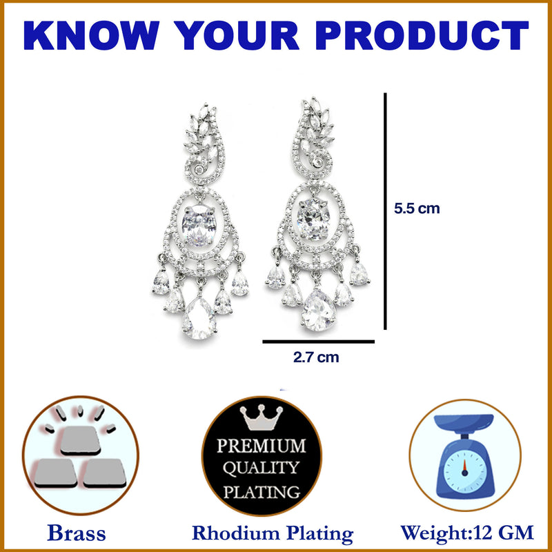 Rhodium-Plated White American Diamond studded Oval & Leaf Shaped Drop Earrings