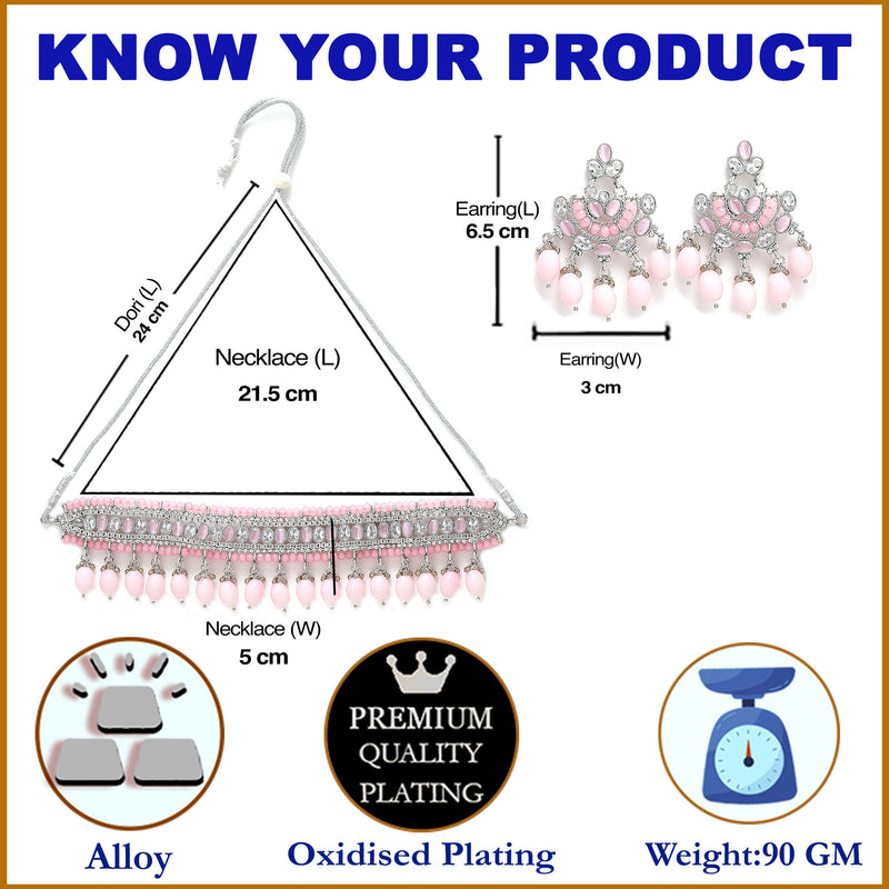 Rhodium-Plated with Silver-Tone Pink Kundan-Studded & Beaded Jewellery Set