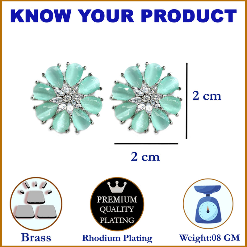 Sea Green American Diamond Studded Floral Shaped Rhodium-Plated with Silver-Tone Studs Earrings