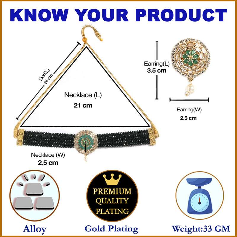 Green Multistrand Choker Gold-Plated Studded with American Diamond Jewellery Set