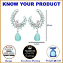 Rhodium Plated Peacock Feather Sea Green American Diamond Contemporary Long Drop Earrings