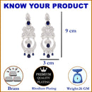 Navy Blue & White Rhodium-Plated with Silver-Tone American Diamond Chandelier Earrings