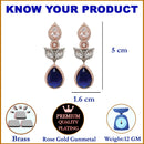 Rose Gold-Plated Gunmetal Toned Navy Blue American Diamond Teardrop & Leaf Shaped Drop Earrings