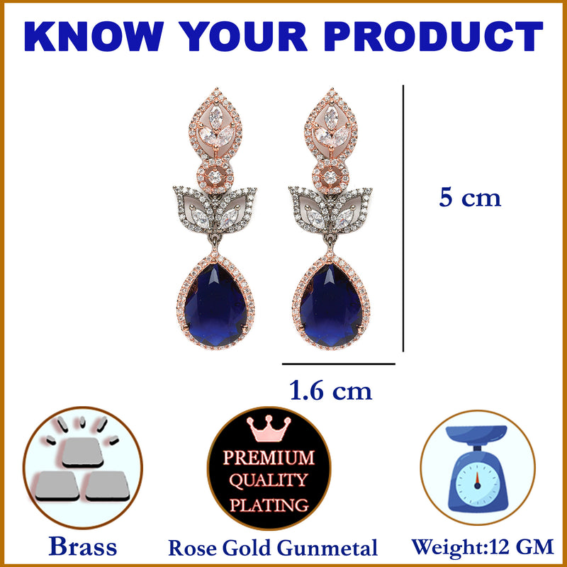 Rose Gold-Plated Gunmetal Toned Navy Blue American Diamond Teardrop & Leaf Shaped Drop Earrings