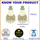 Gold-Plated White Pearls studded & Sea Green Enamelled Floral Shaped Drop Earrings