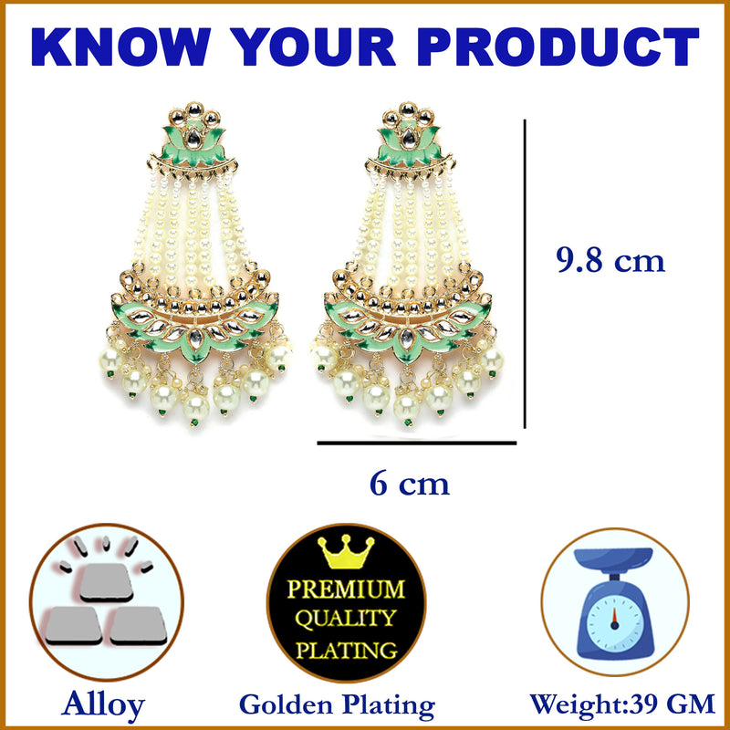 Gold-Plated White Pearls studded & Sea Green Enamelled Floral Shaped Drop Earrings