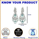 Rhodium-Plated Sea Green & White American Diamond studded Oval & Leaf Shaped Drop Earrings