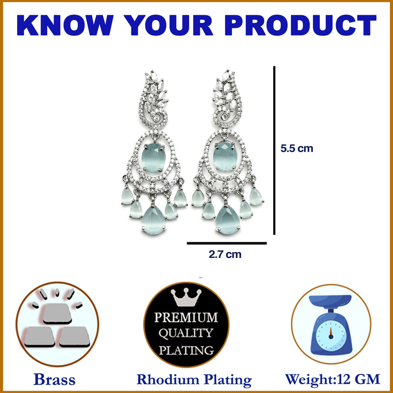 Rhodium-Plated Sea Green & White American Diamond studded Oval & Leaf Shaped Drop Earrings