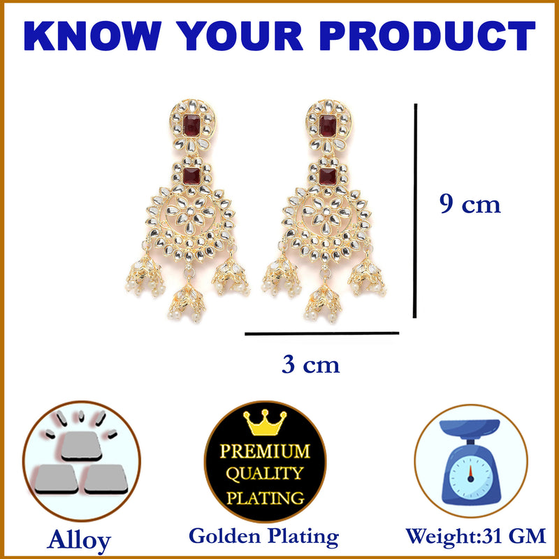 Gold-Plated Red & White Kundan studded Contemporary Jhumka Earrings