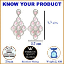 Pink American Diamond Rhodium-Plated with Silver-Tone Studded Leaf Shaped Drop Earrings