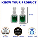 Rhodium-Plated Silver Toned Green & White American Diamond studded Geometric Shaped Drop Earrings