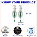 Rhodium-Plated Green & White American Diamond studded Handcrafted Teardrop Shaped Drop Earrings
