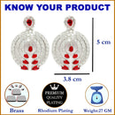Rhodium-Plated with Silver-Tone Red & White American Diamond Studded Circular Contemporary Drop Earrings