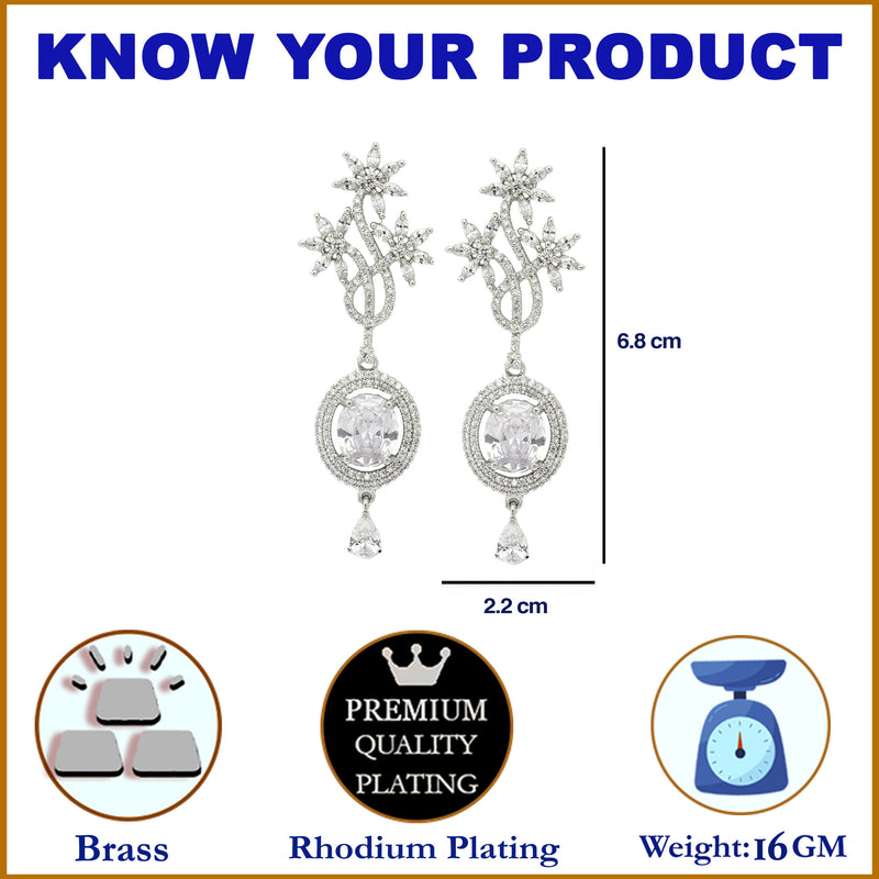 Rhodium-Plated White American Diamond studded Contemporary Drop Earrings