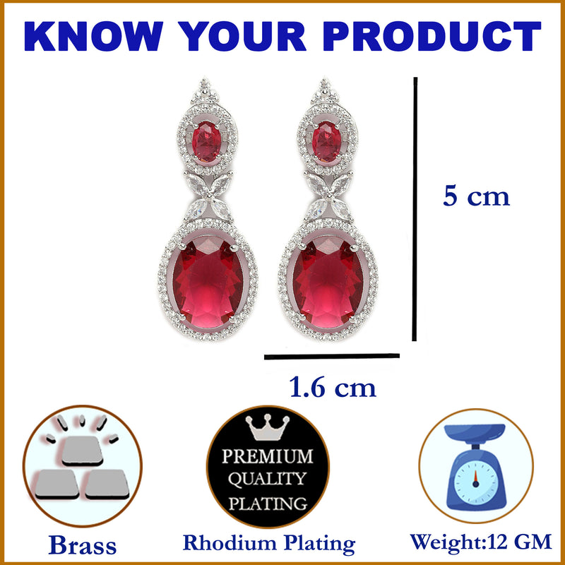Rhodium-Plated Silver Toned Pink & White American Diamond studded Oval Shaped Drop Earrings