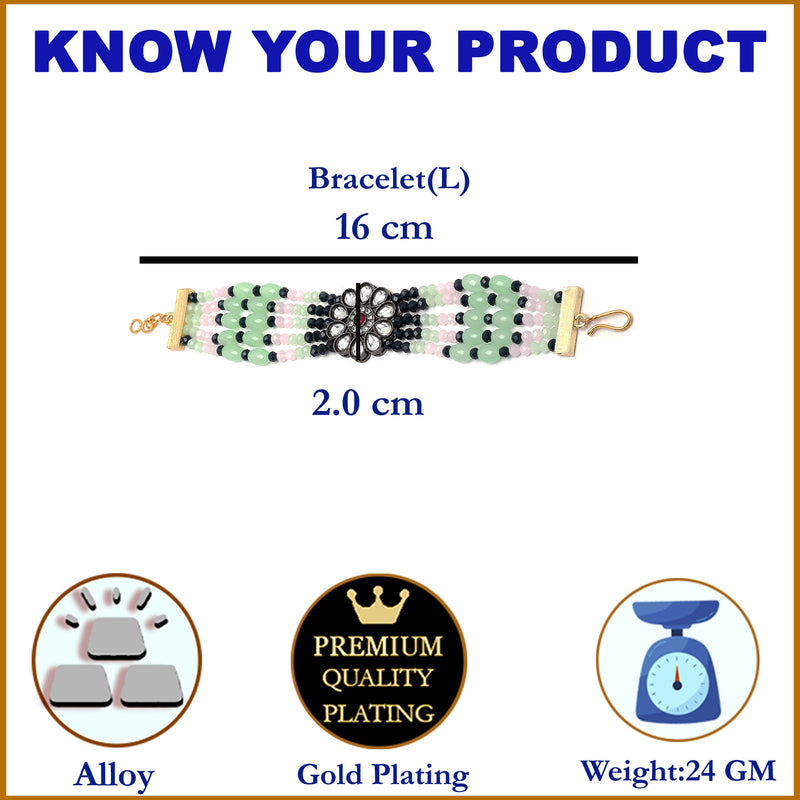 Gold Plated Floral Design Green & Black Beads Kundan Bracelet