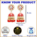 Gold-Plated Red Kundan & White Pearls studded Dome Shaped Handcrafted Jhumka Earrings