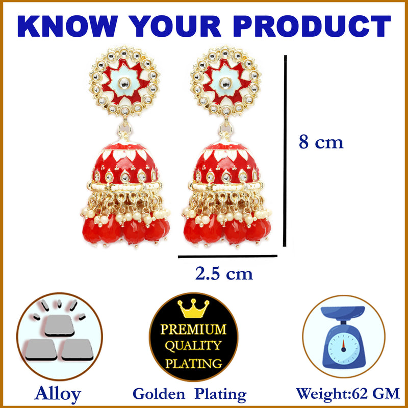 Gold-Plated Red Kundan & White Pearls studded Dome Shaped Handcrafted Jhumka Earrings