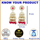 Gold-Plated Red Kundan & White Pearls studded Dome Shaped Vilandi Jhumka Earrings