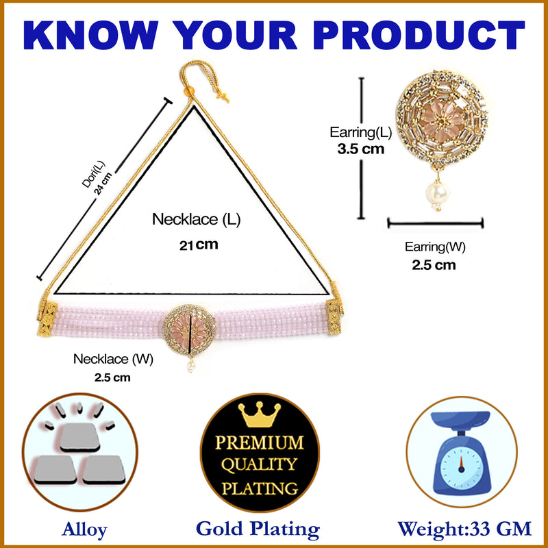 Gold-Plated with Peach-Toned & Pink AD-Studded & Beaded Jewellery Set