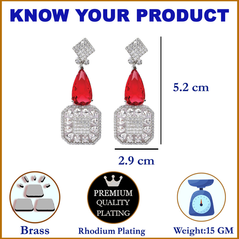 Rhodium-Plated Red & White American Diamond studded Square & Teardrop Drop Earrings