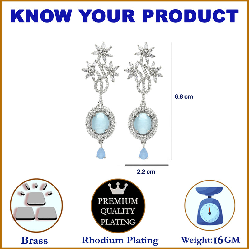 Rhodium-Plated Sky Blue American Diamond studded Contemporary Drop Earrings