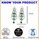 Rhodium-Plated Silver Toned Green & White American Diamond studded Crescent Shaped Drop Earrings