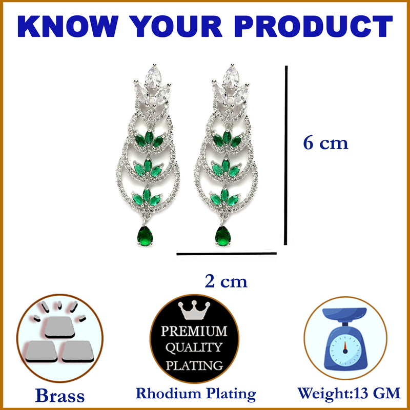 Rhodium-Plated Silver Toned Green & White American Diamond studded Crescent Shaped Drop Earrings