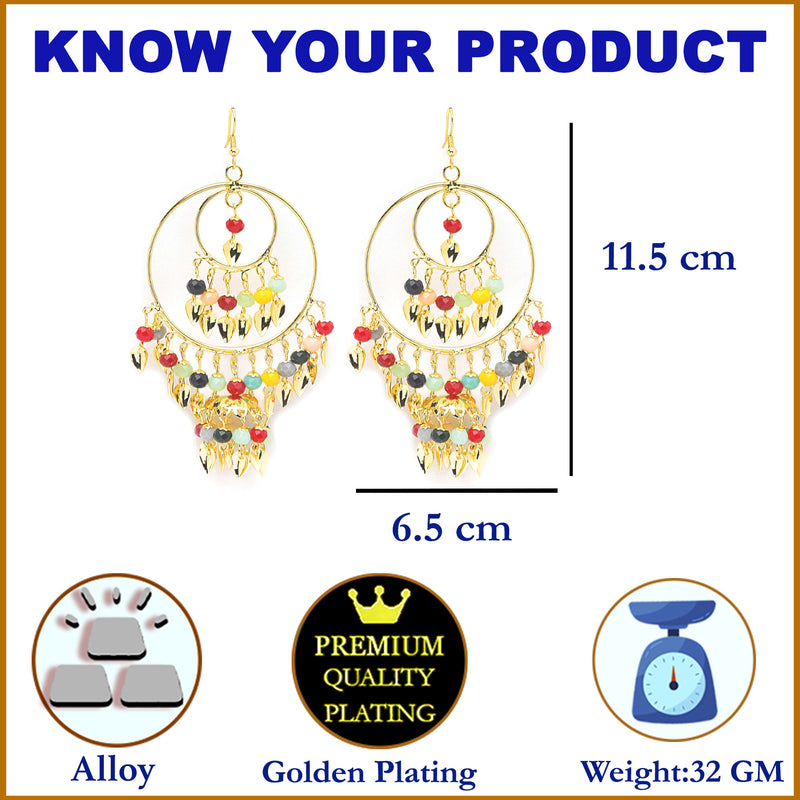 Gold-Plated Multi-Coloured Artificial Stones studded Circular Layered Drop Earrings