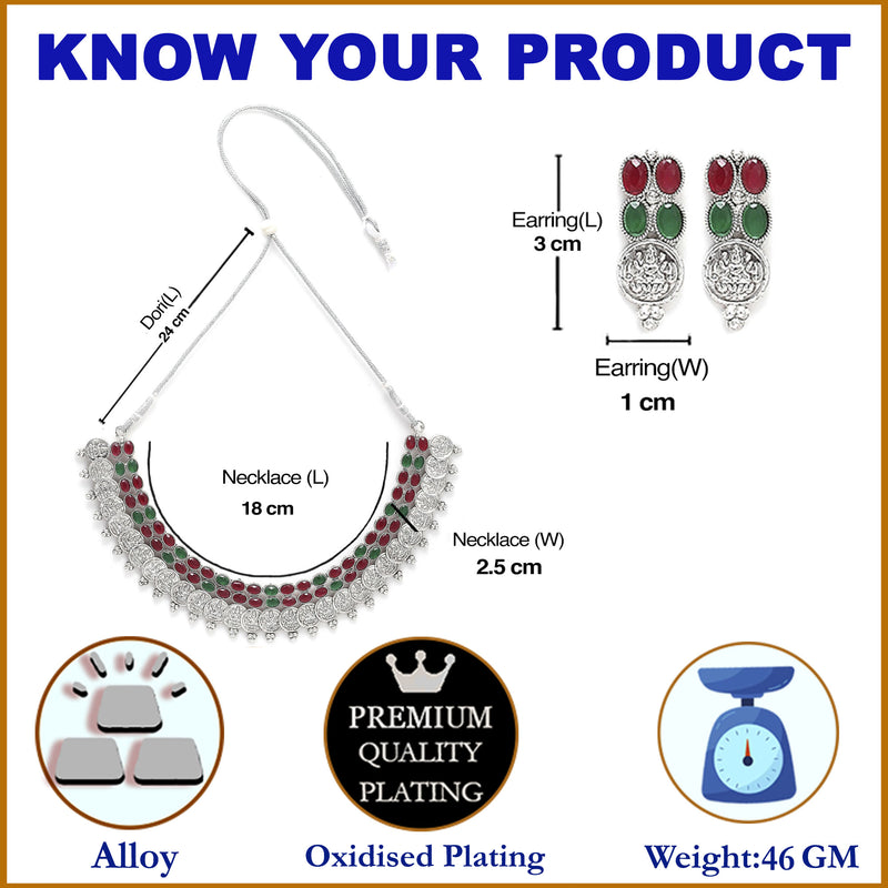 Rhodium-Plated with Oxidised Silver-Tone Green & Red Kundan Studded Handcrafted Jewellery Set