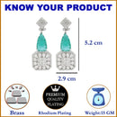 Rhodium-Plated Green & White American Diamond studded Square & Teardrop Drop Earrings