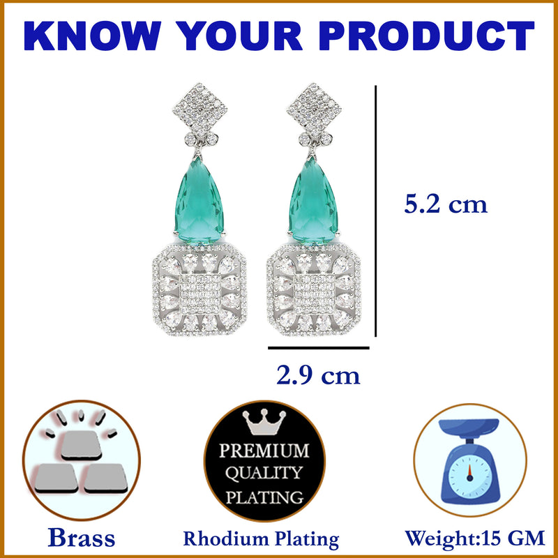 Rhodium-Plated Green & White American Diamond studded Square & Teardrop Drop Earrings