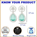 Rhodium Plated Teardrop Sea Green American Diamond Contemporary Drop Earrings