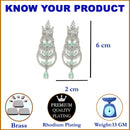 Rhodium-Plated Silver Toned Sea Green & White American Diamond studded Crescent Shaped Drop Earrings