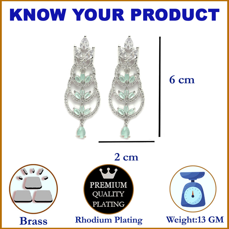 Rhodium-Plated Silver Toned Sea Green & White American Diamond studded Crescent Shaped Drop Earrings