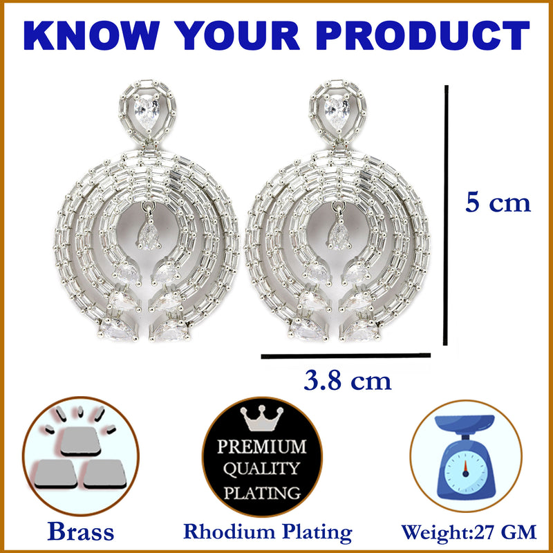 Rhodium-Plated with Silver-Tone White American Diamond Studded Circular Contemporary Drop Earrings