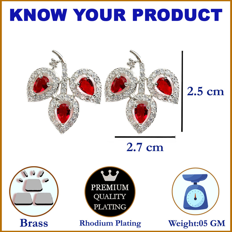 Rhodium-Plated with Silver-Toned Red American Diamond Leaf Shaped Studs Earrings