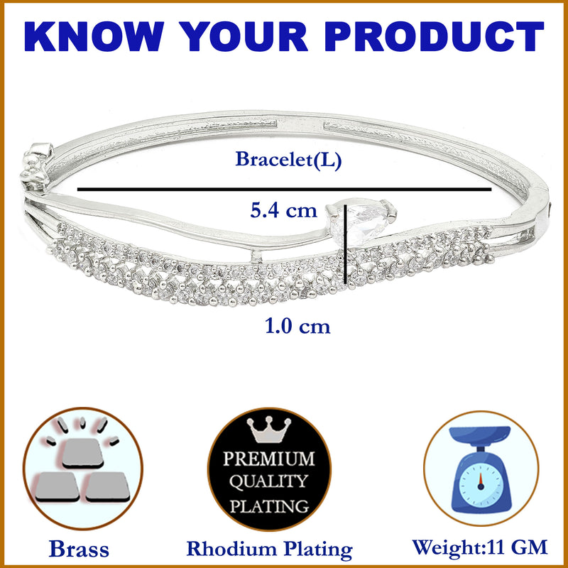 Rhodium Plated Silver Toned White Teardrop  American Diamond Stone Studded Kada Bracelet