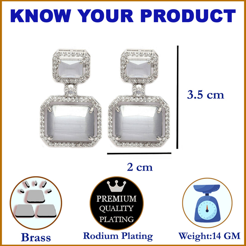 Rhodium-Plated Silver Toned Grey & White American Diamond studded Square Shaped Drop Earrings