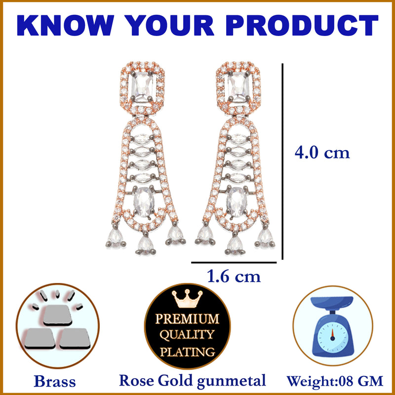 Rose Gold-Plated Gunmetal Toned White American Diamond studded Classic Contemporary Drop Earrings