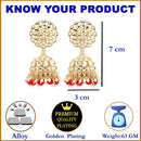 Gold-Plated Red Kundan & White Pearls studded Flower Shaped Vilandi Jhumka Earrings