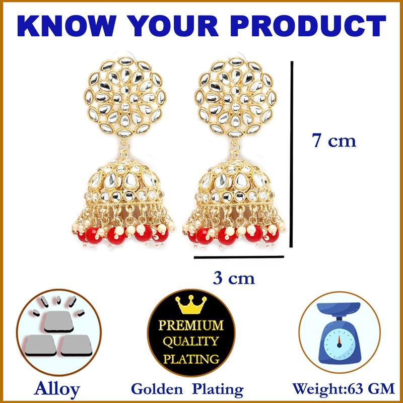 Gold-Plated Red Kundan & White Pearls studded Flower Shaped Vilandi Jhumka Earrings