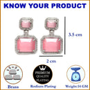 Rhodium-Plated Silver Toned Pink & White American Diamond studded Square Shaped Drop Earrings
